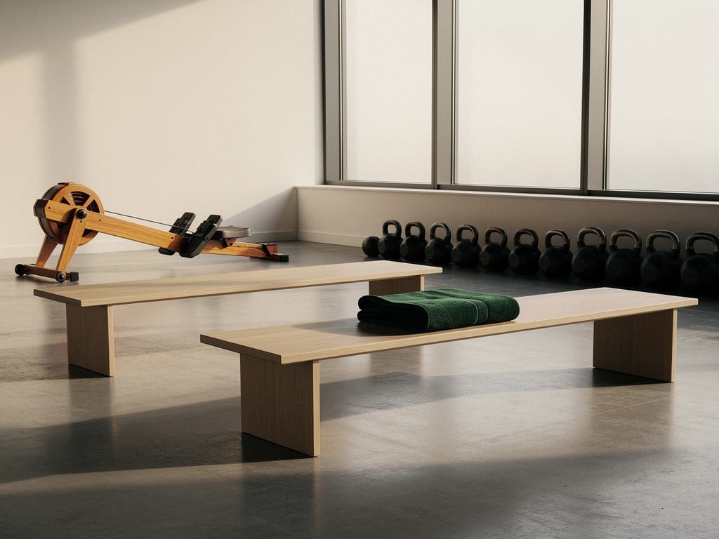 An empty minimalist training studio at dawn, with a rowing machine, oak benches and a folded green towel.