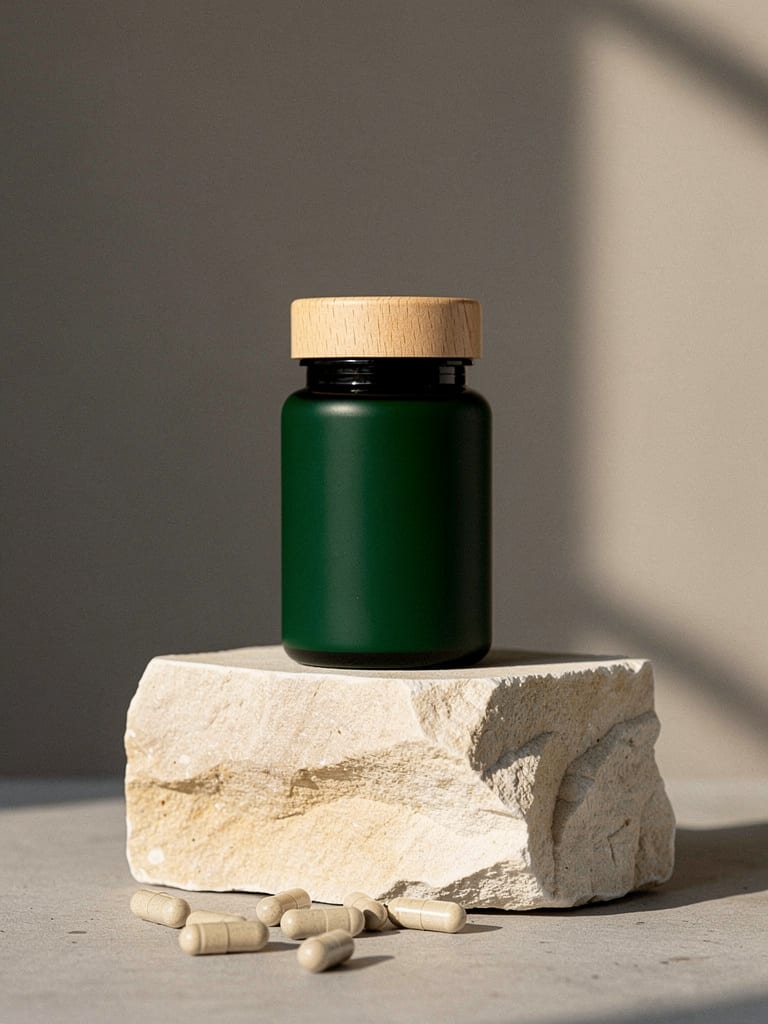 An unlabelled matte green glass jar of capsules stands on a pale stone block in soft morning light.