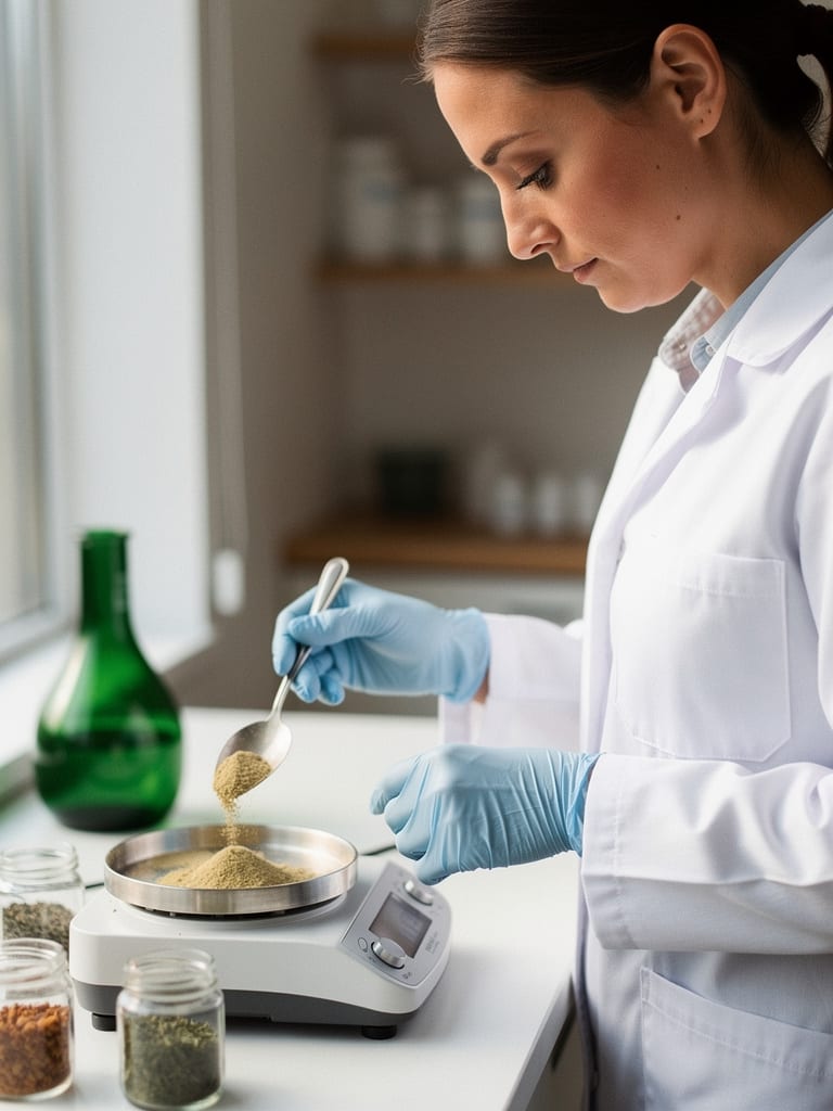A formulator in a white coat weighs a fine botanical powder on a lab scale in a bright, quiet workroom.