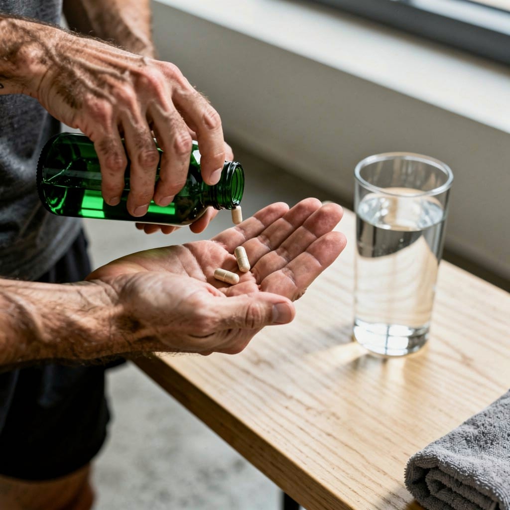A man's hands tip two capsules from an unlabelled green glass bottle into his palm beside a glass of water.