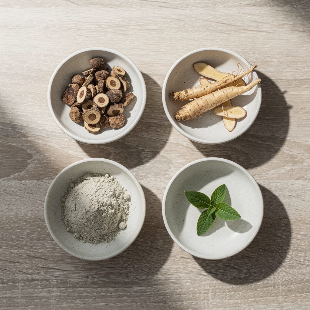 A top-down view of ceramic bowls holding maca root, ginseng slices and pumpkin seeds on a pale oak surface.