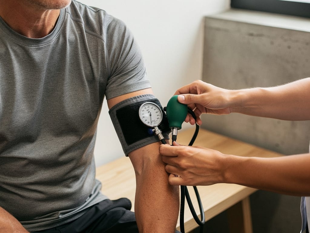A physician wraps a manual blood pressure cuff around the upper arm of a middle-aged man in athletic clothing.